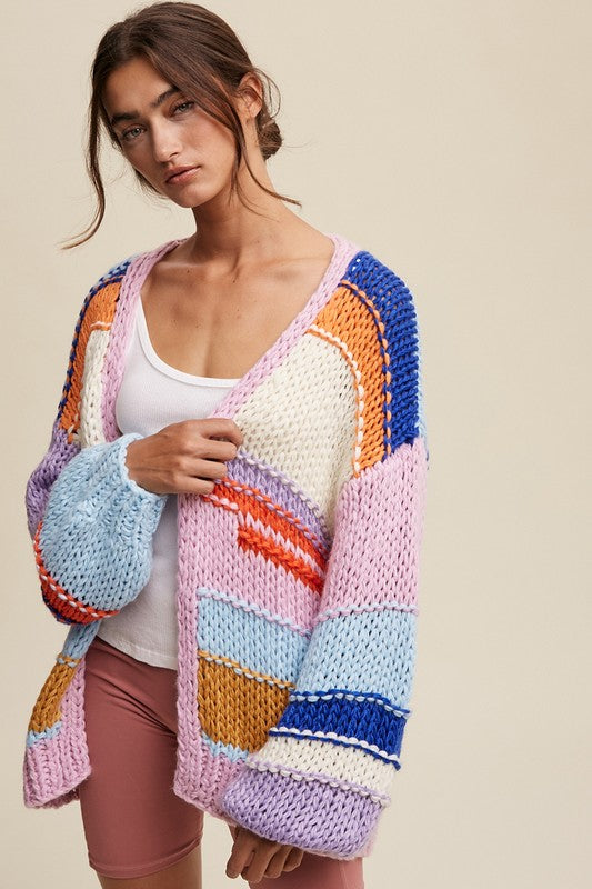 Listicle Hand Knit Multi Color Striped Loose Fit Open Front Cardigan