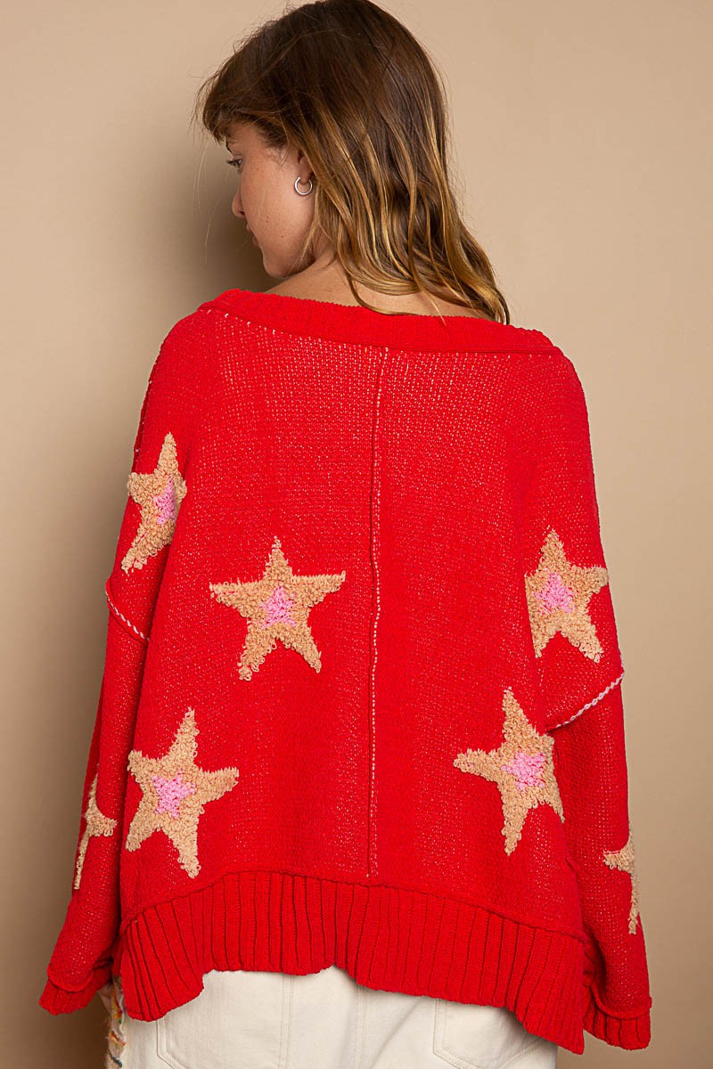 POL Relaxed Fit Long Sleeves Star Patch V-Neck Pullover Sweater | Apple Red