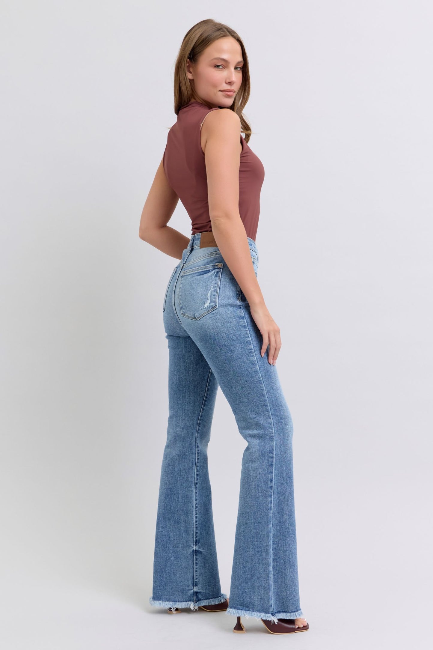 Judy Blue Raw Hem Detail High Rise Zipper Fly Medium Washed Bootcut Denim Jeans