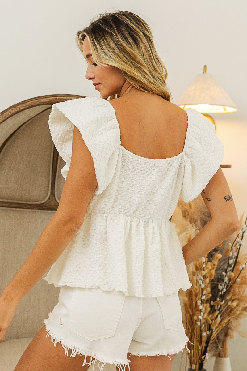 BiBi Crinkle Bubble Textured Ruffle Short Sleeves Square Neck Blouse | Off White