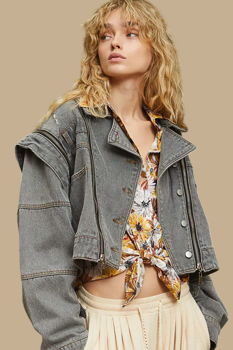 POL Removable Sleeves Multiple Zipper Details Cropped Denim Jacket | Dark Grey