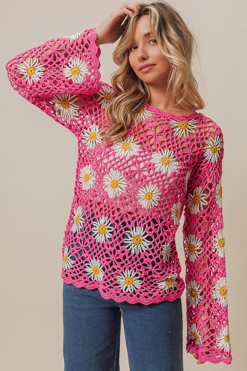 BiBi Floral Crochet Net Lace Round Neck Long Sleeves Cover Up Top | Fuchsia