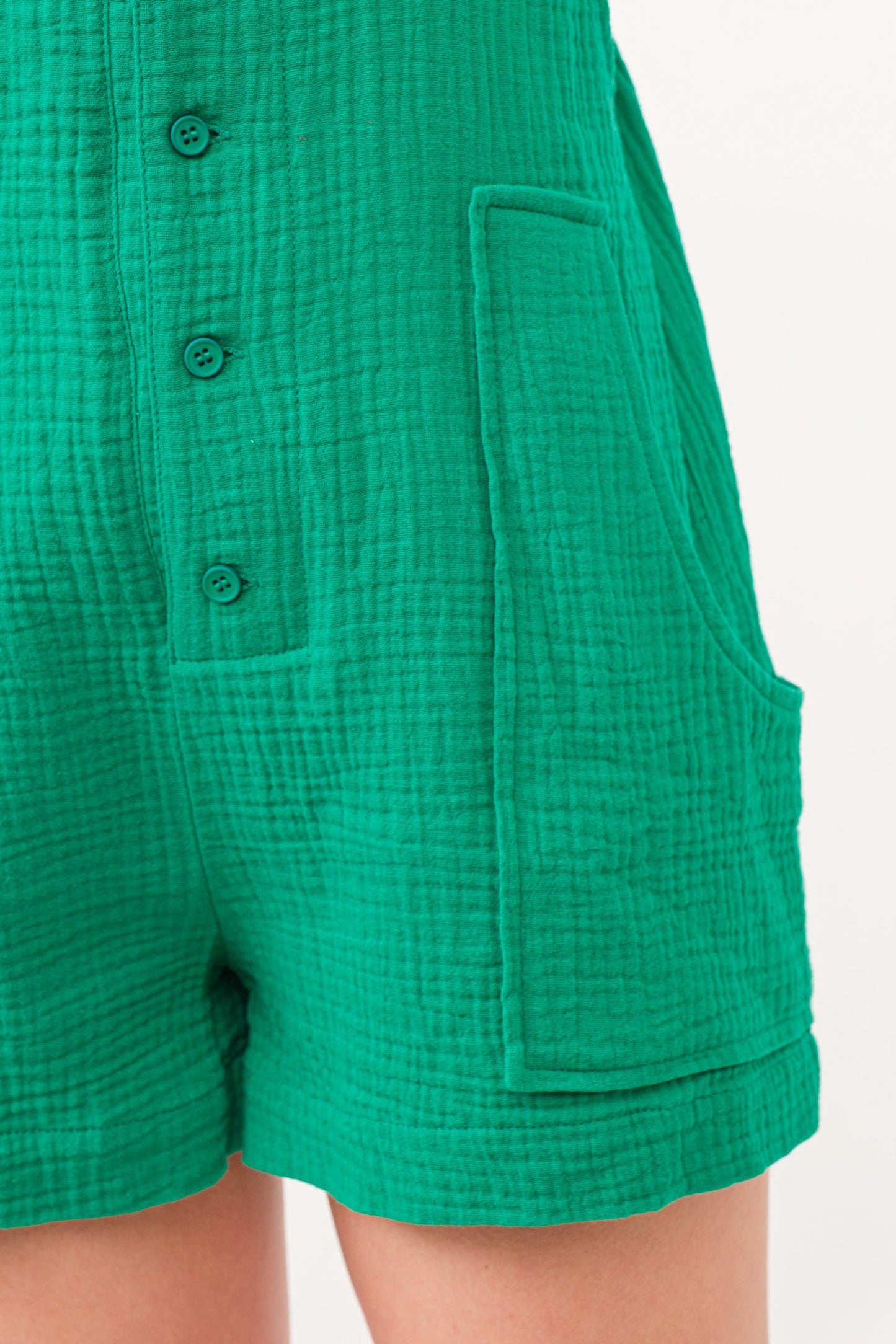 And The Why Button Up Tie Back Sleeveless Pockets Gauze Loose Fit Romper | Green