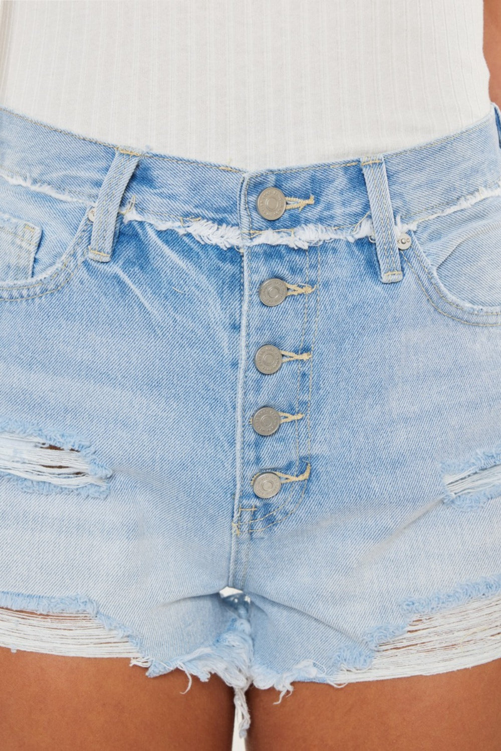 KanCan High Rise Distressed Button Fly Denim Shorts | Medium Wash