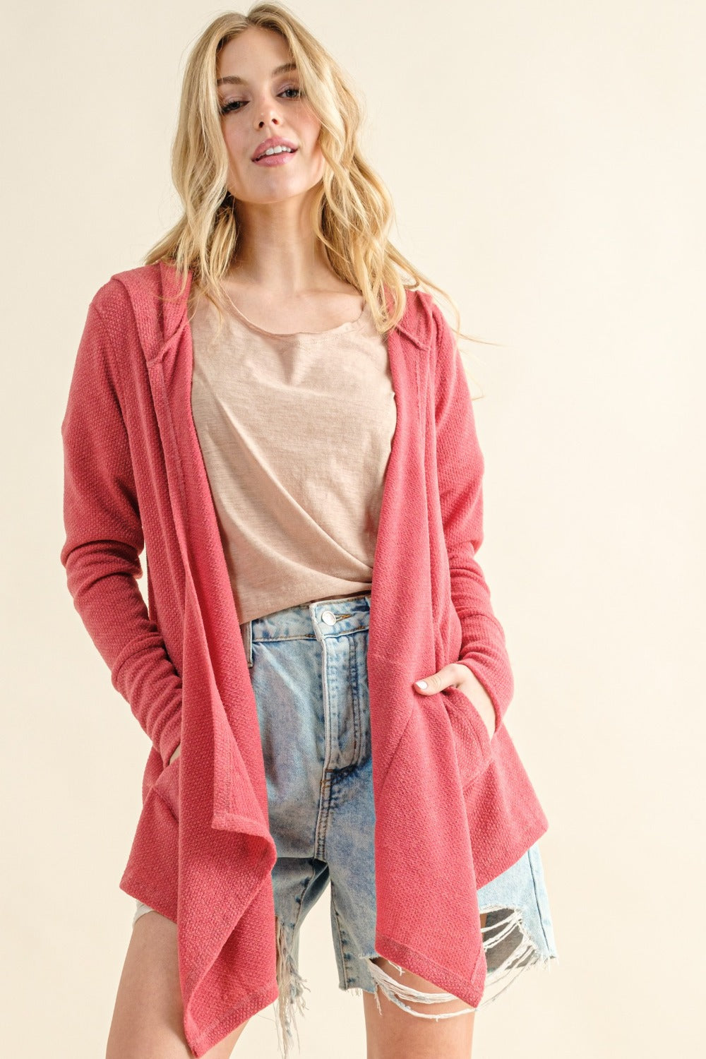 And The Why Thermal Long Sleeves Pockets Hooded Casual Cardigan | Rose Pink