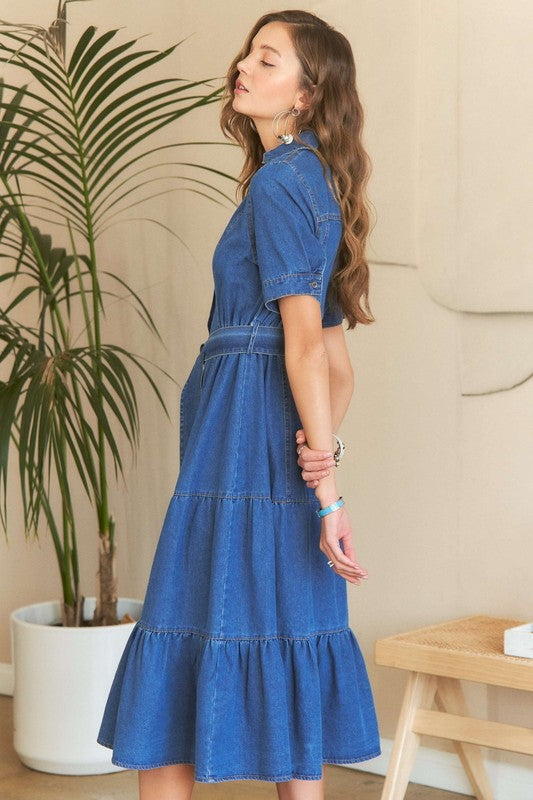 ADORA Tiered Detail Button Down Tie Waist Short Sleeves Dark Denim Midi Dress