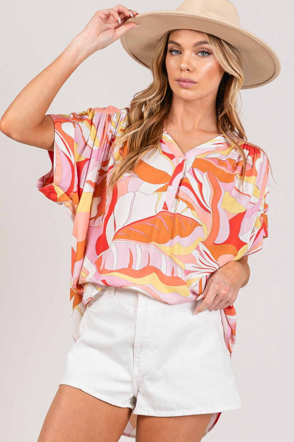 SAGE + FIG Abstract Print Half Button Short Sleeves Oversized Blouse | Coral