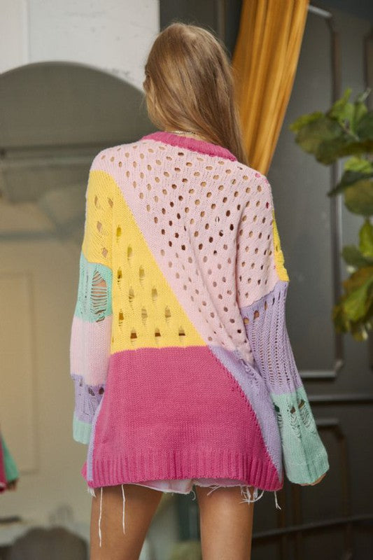 DAVI & DANI Color Block Distressed Detail Pullover Sweater