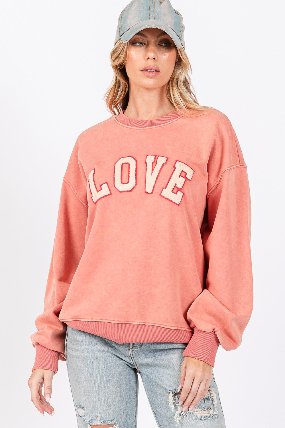 SAGE + FIG LOVE Path Applique Drop Shoulder Long Sleeves Sweatshirt | Orange