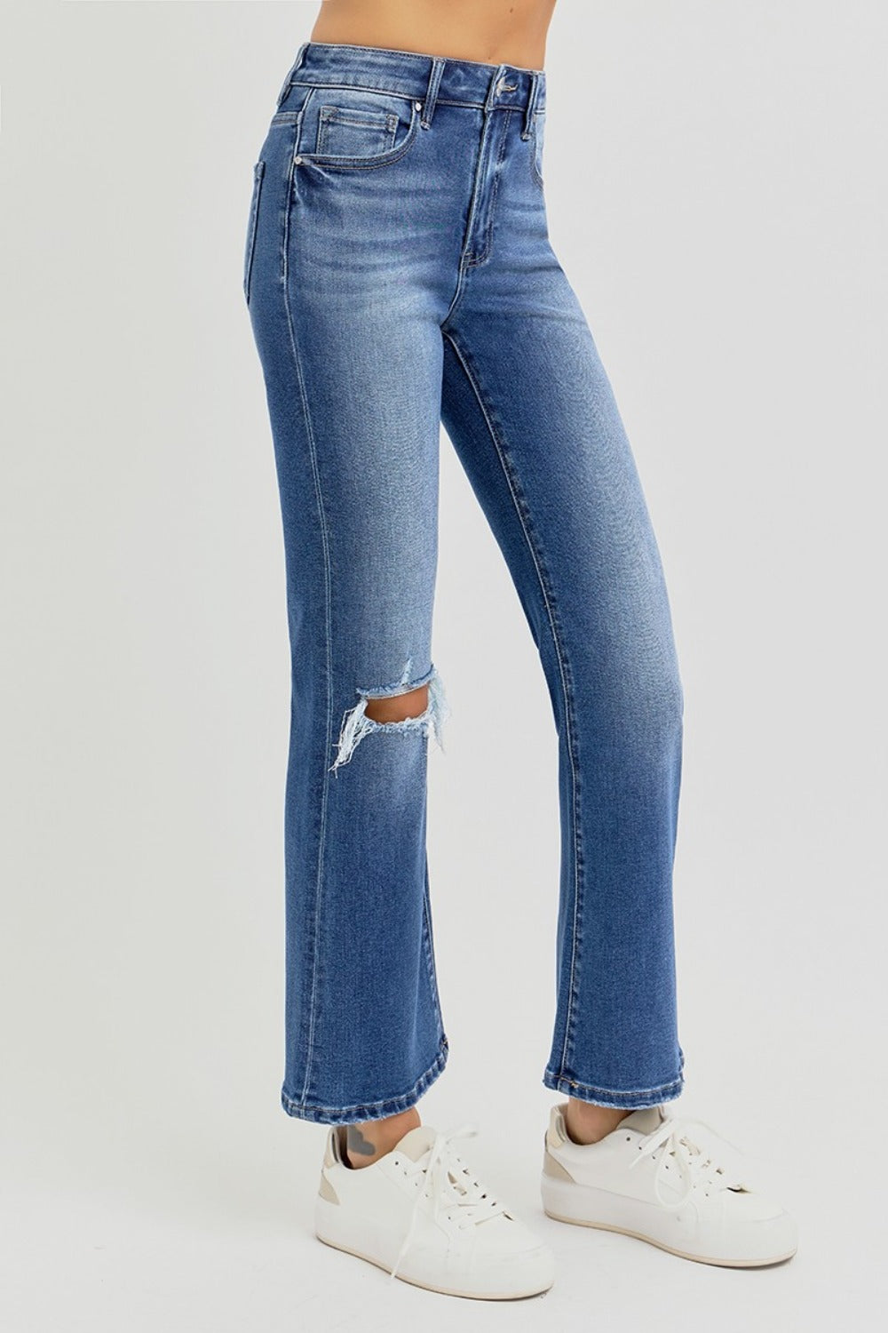 RISEN Distressed Knee High Rise Waist Dark Washed Cropped Flare Denim Jeans