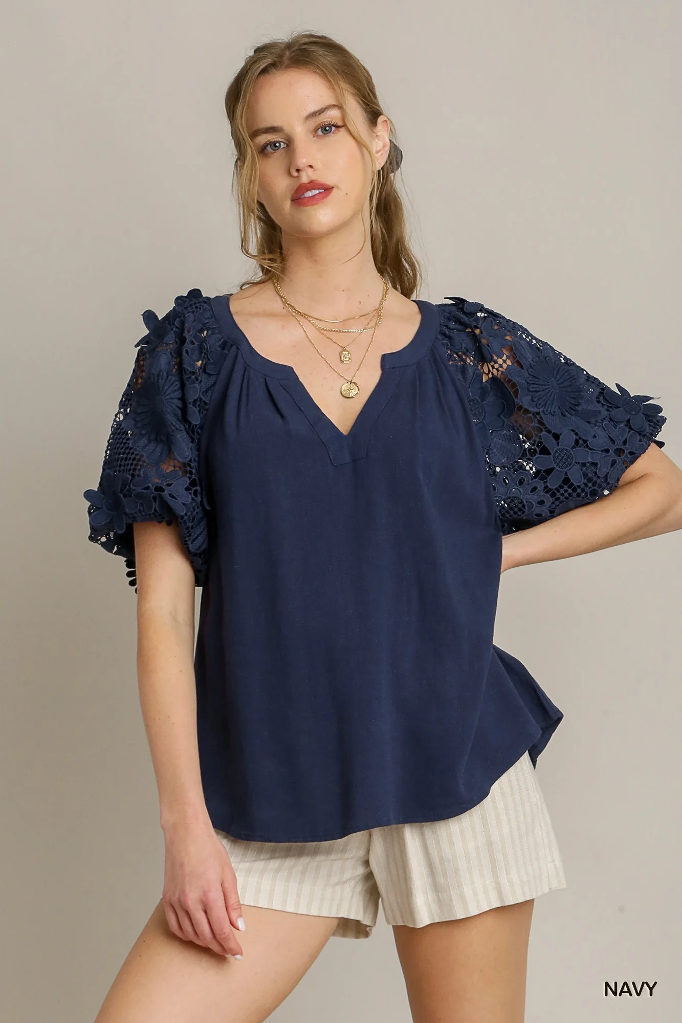 Umgee Linen Boxy Cut Split Neck 3D Floral Sleeves Relaxed Fit Blouse | Dark Navy