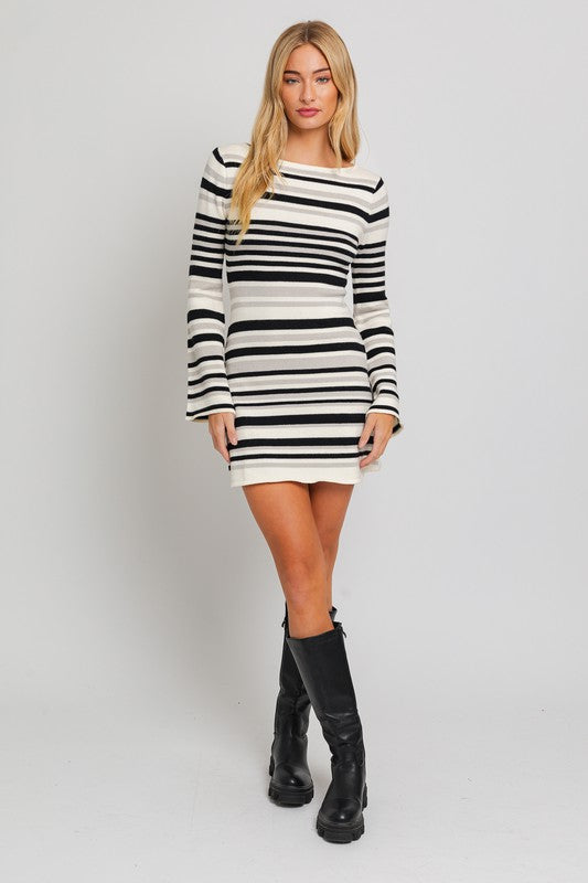 LE LIS Striped Pattern Boat Neck Bell Sleeves Sweater Mini Dress