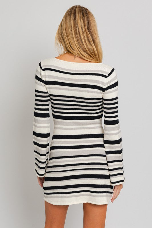 LE LIS Striped Pattern Boat Neck Bell Sleeves Sweater Mini Dress