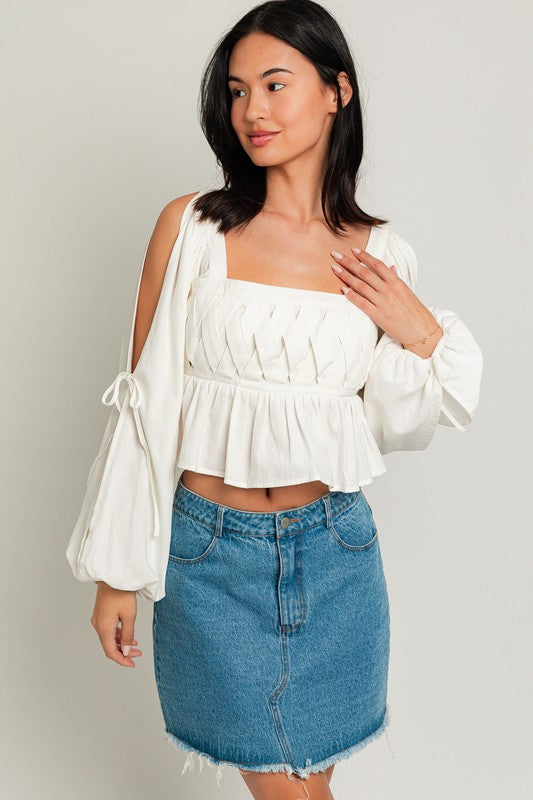 LE LIS Cold Shoulders Long Sleeves Square Neck Detail Cropped Blouse