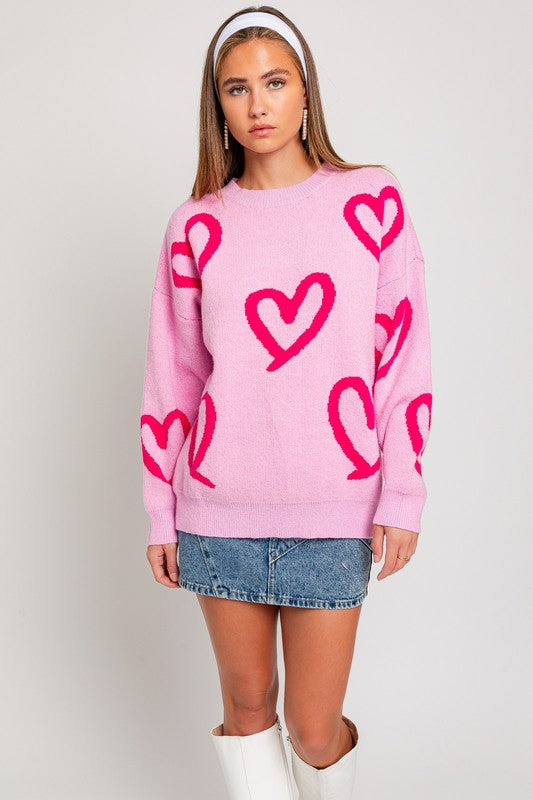 LE LIS Long Sleeves Round Neck Heart Printed Pullover Sweater
