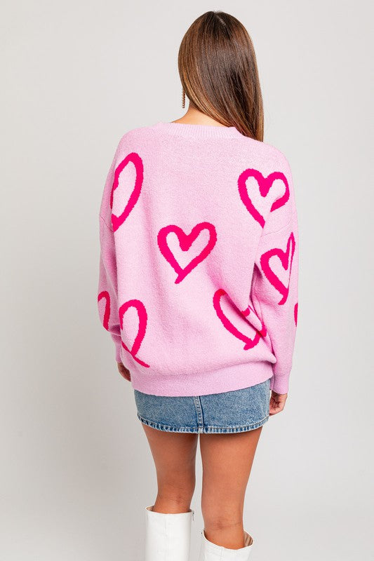 LE LIS Long Sleeves Round Neck Heart Printed Pullover Sweater