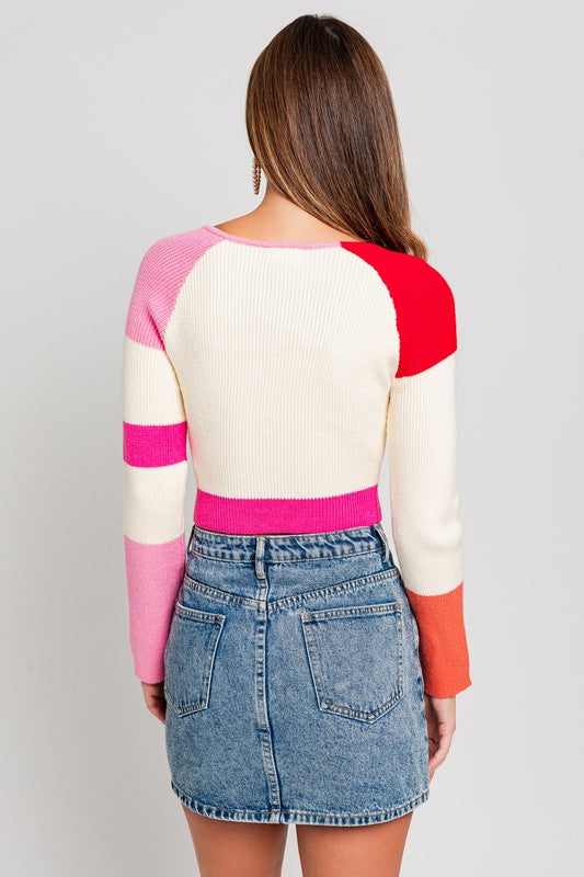 LE LIS Long Sleeves Square Neck Color Block Striped Print Knit Sweater