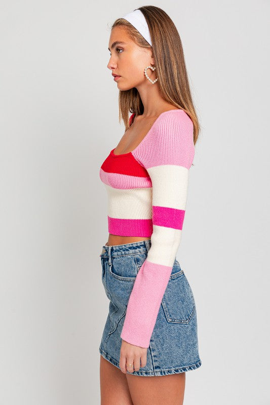 LE LIS Long Sleeves Square Neck Color Block Striped Print Knit Sweater