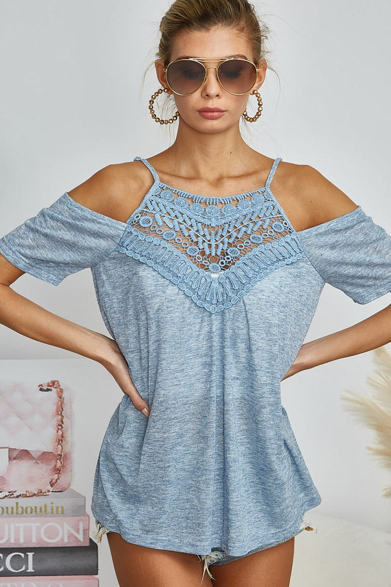 BiBi Front Crochet Lace Off Shoulder Adjustable Spaghetti Strap Top | Denim