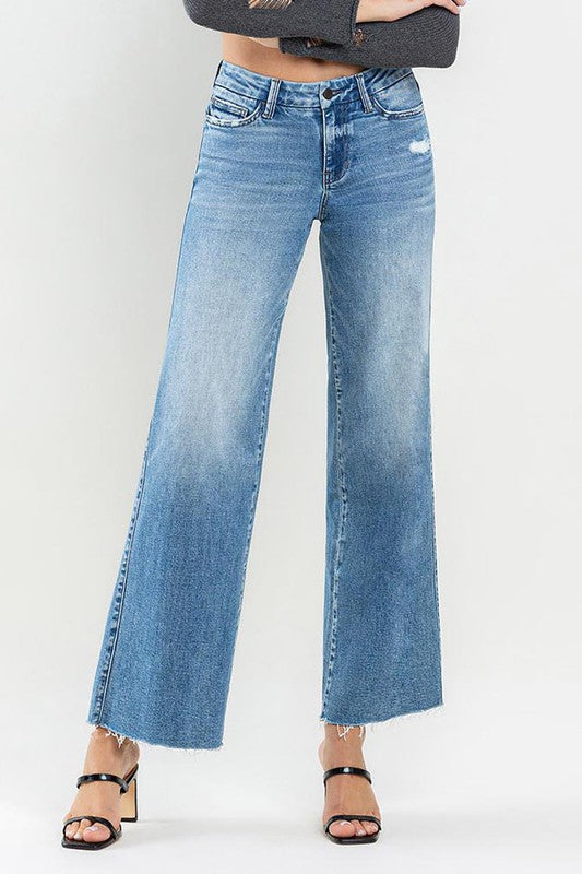 VERVET Vouchsafe Mid Rise Distressed Detail Raw Hem Fly Zip Wide Leg Jeans