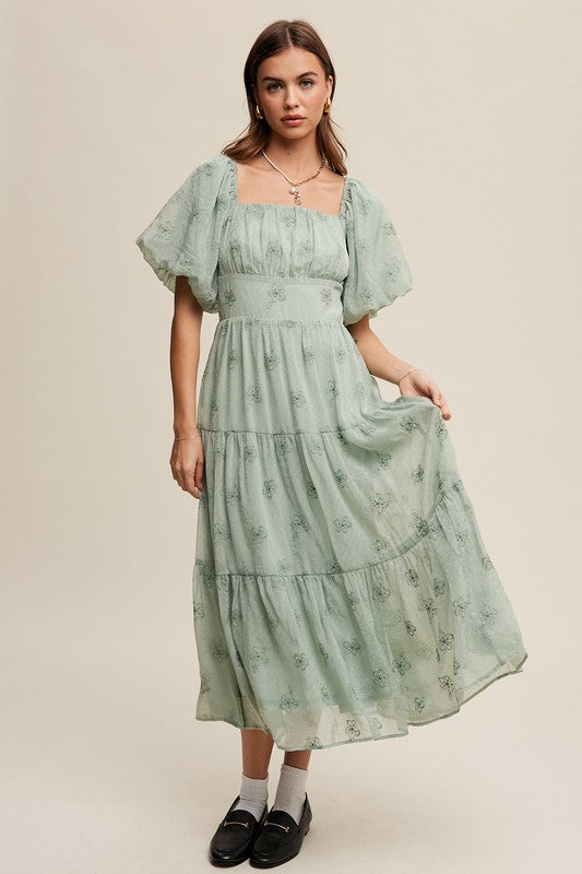 Listicle Flower Embroidered Square Neck Puff Sleeves Tiered Maxi Dress