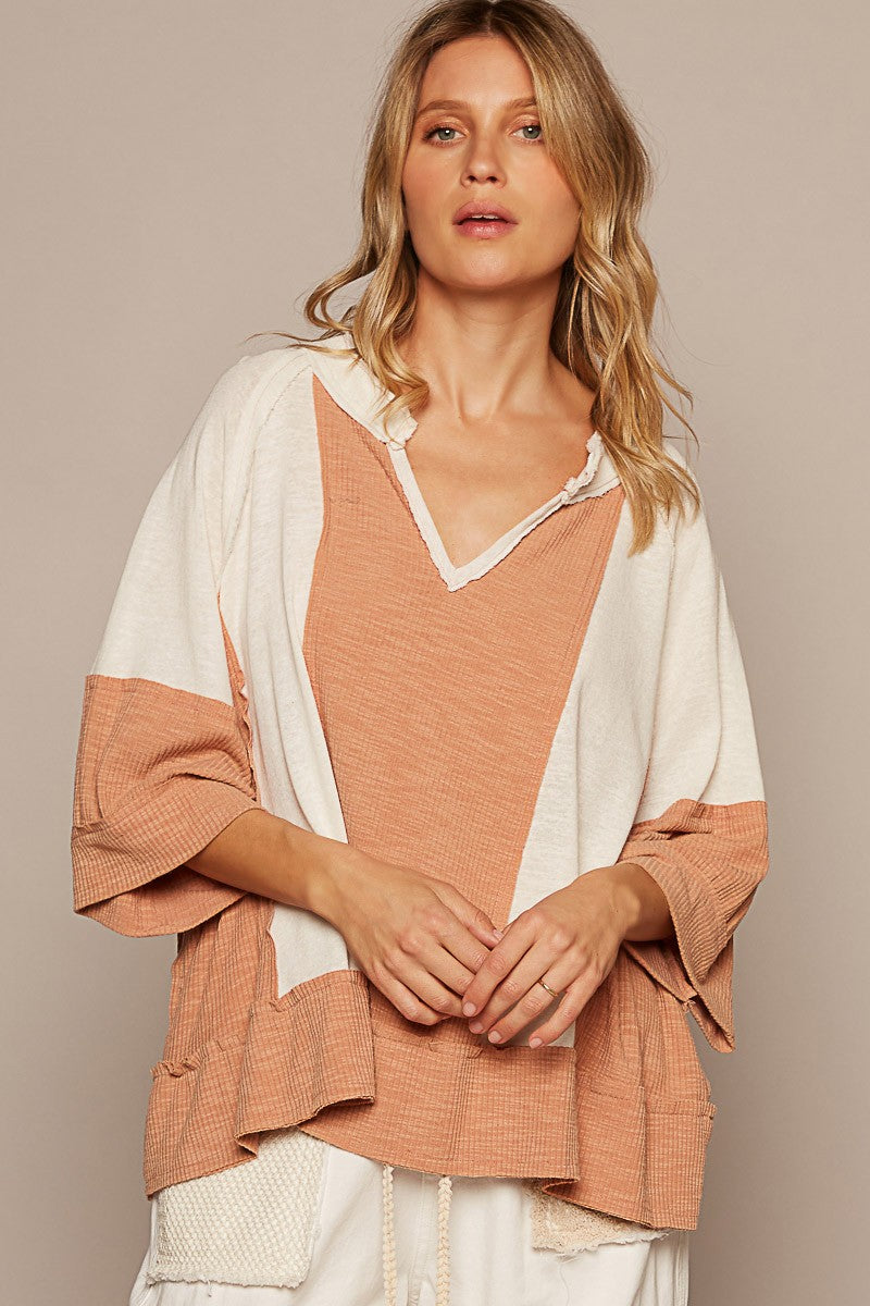 POL Notched Neck Frayed Edge Contrast Oversize Short Sleeves Top
