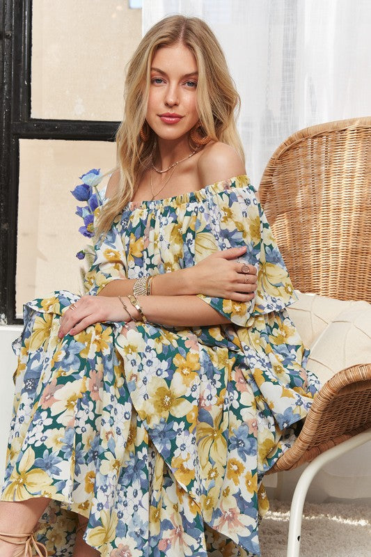 ADORA Layered Floral Print Off Shoulder Short Sleeves Ruffle Maxi Dress | Navy