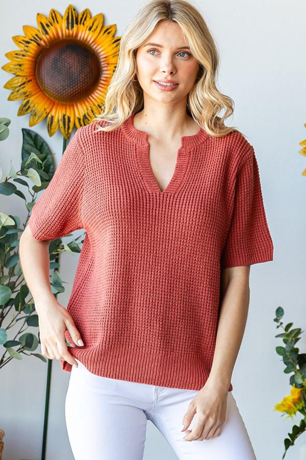 First Love Notched Neckline Short Sleeves Relaxed Fit Knit Sweater | Rust