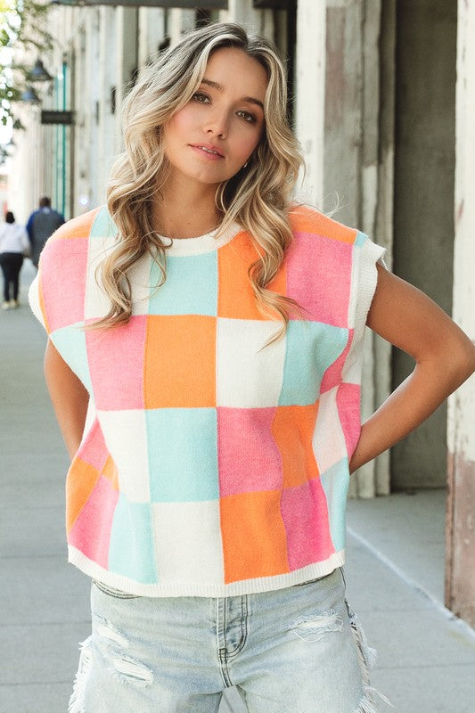 BiBi Multicolor Checkered Short Sleeves Cropped Sweater Vest