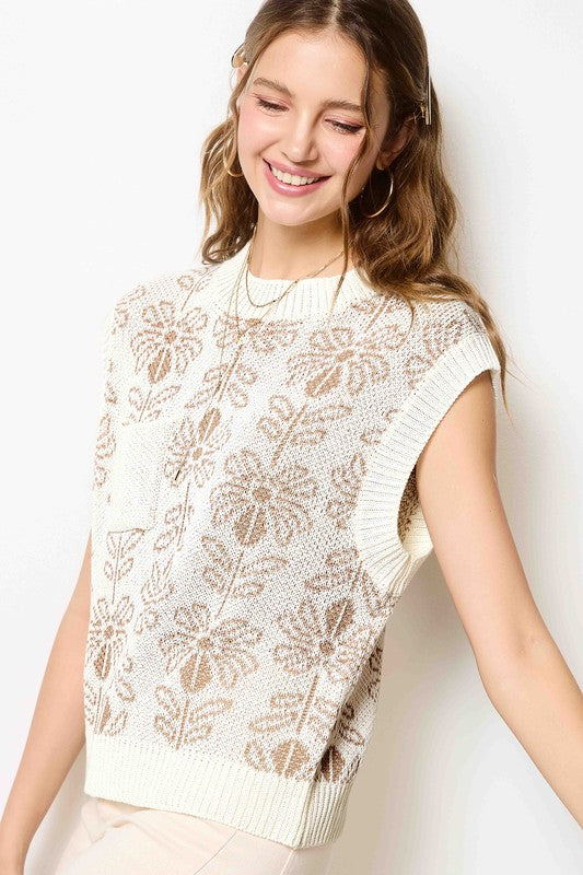 La Miel Flower Pattern Crew Neck Front Pocket Sleeveless Sweater