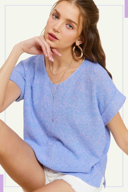 La Miel Soft Lightweight V-Neck Short Sleeves Relaxed Fit Sweater