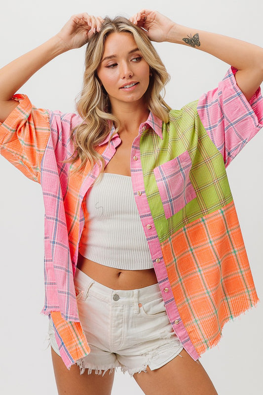 BiBi Plaid Print Collared Neck Half Sleeves Relaxed Fit Color Block Shirt