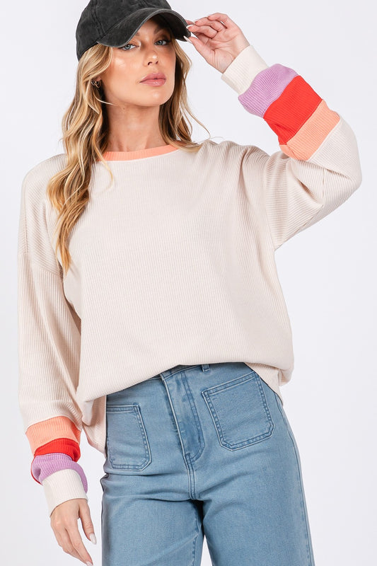 SAGE + FIG Color Block Raglan Sleeves Crew Neckline Waffle Knit T-Shirt | Sand