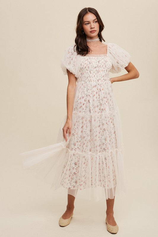 Listicle Romantic Floral Print and Mesh Puff Sleeves Maxi Dress