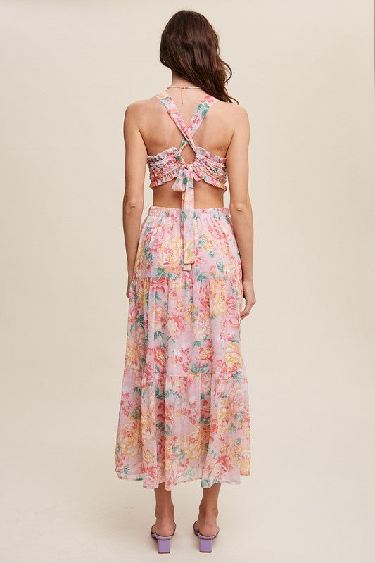 Listicle Floral Pattern Bubble Textured Two Piece Style Ruffle Maxi Dress