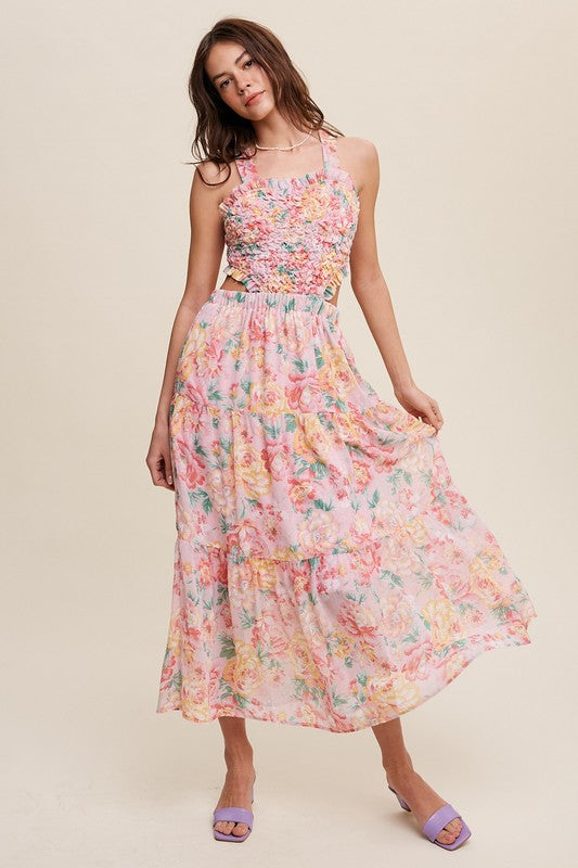 Listicle Floral Pattern Bubble Textured Two Piece Style Ruffle Maxi Dress