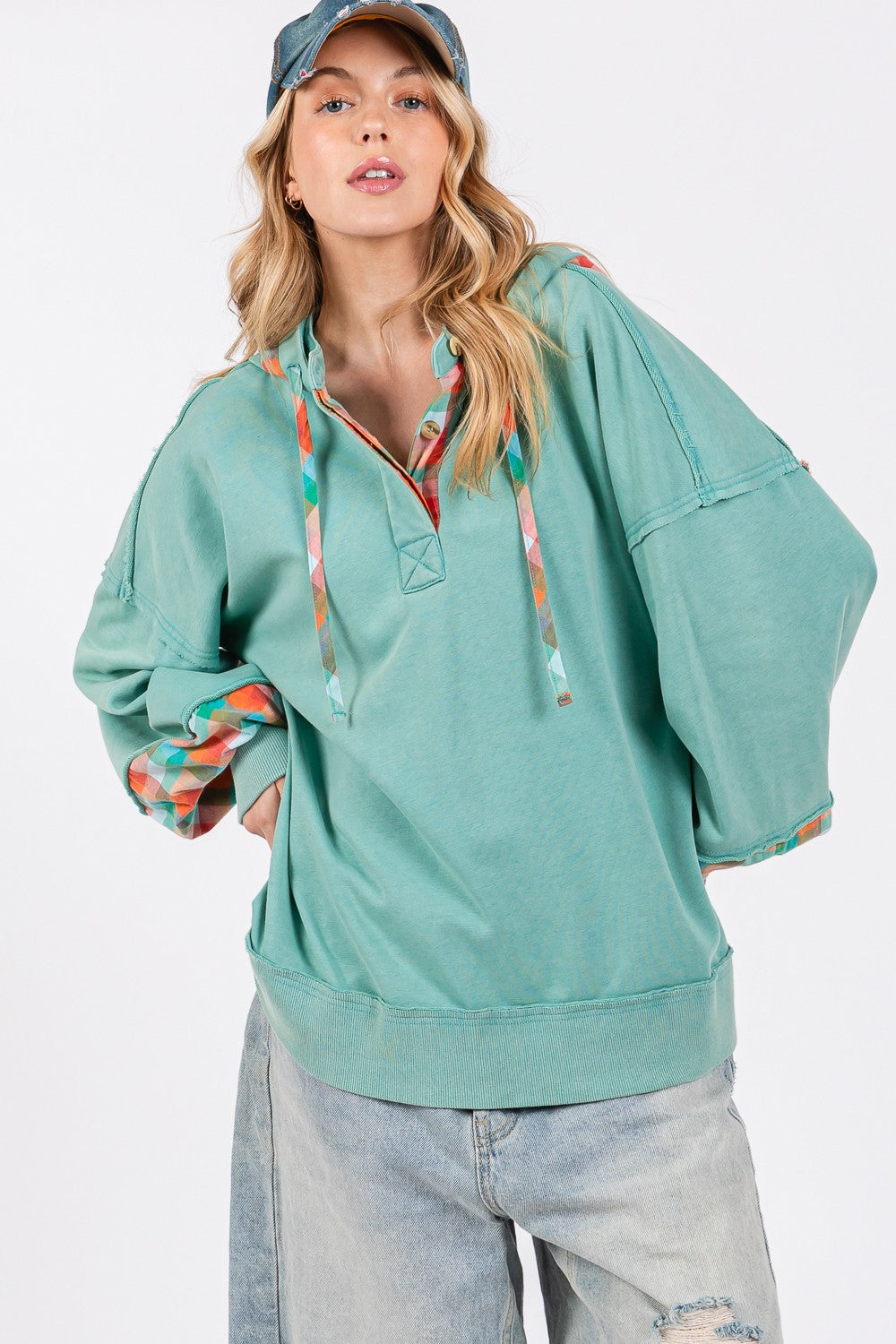 SAGE + FIG Mineral Washed Contrast Plaid Pattern Hoodie Sweatshirt | Eucalyptus