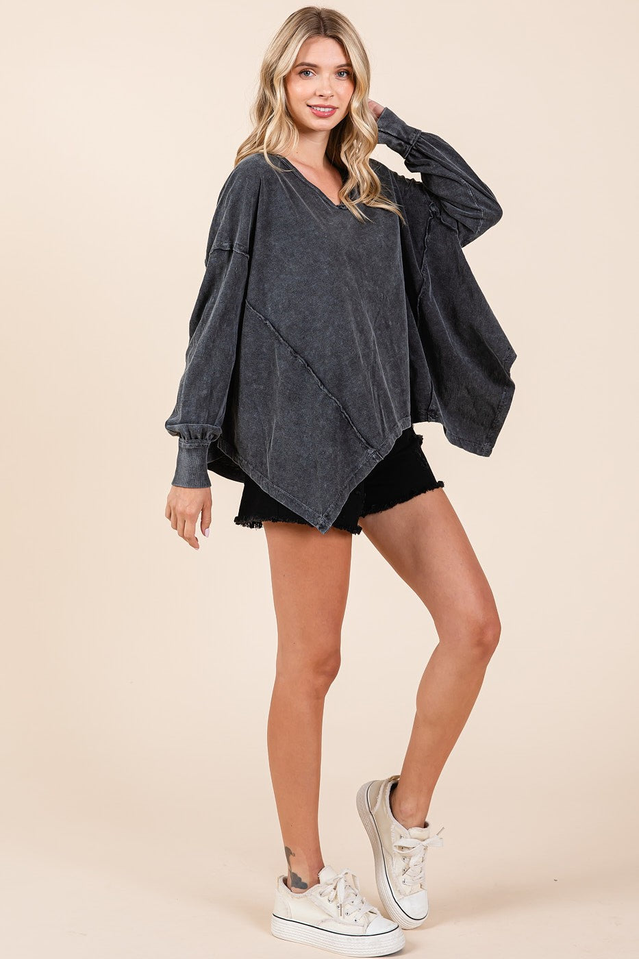 Mittoshop Mineral Washed V-Neck Dolman Long Sleeves Oversized Knit Top | Black
