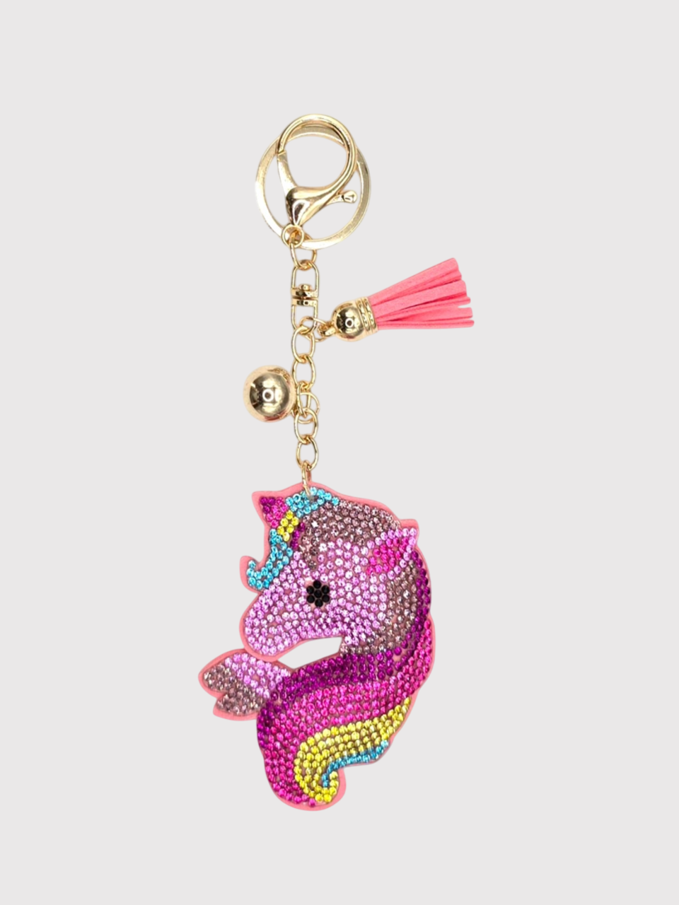 Adorable Crystal Unicorn Pillow Puffy Tassel Keychain with Bag Charm | Pink