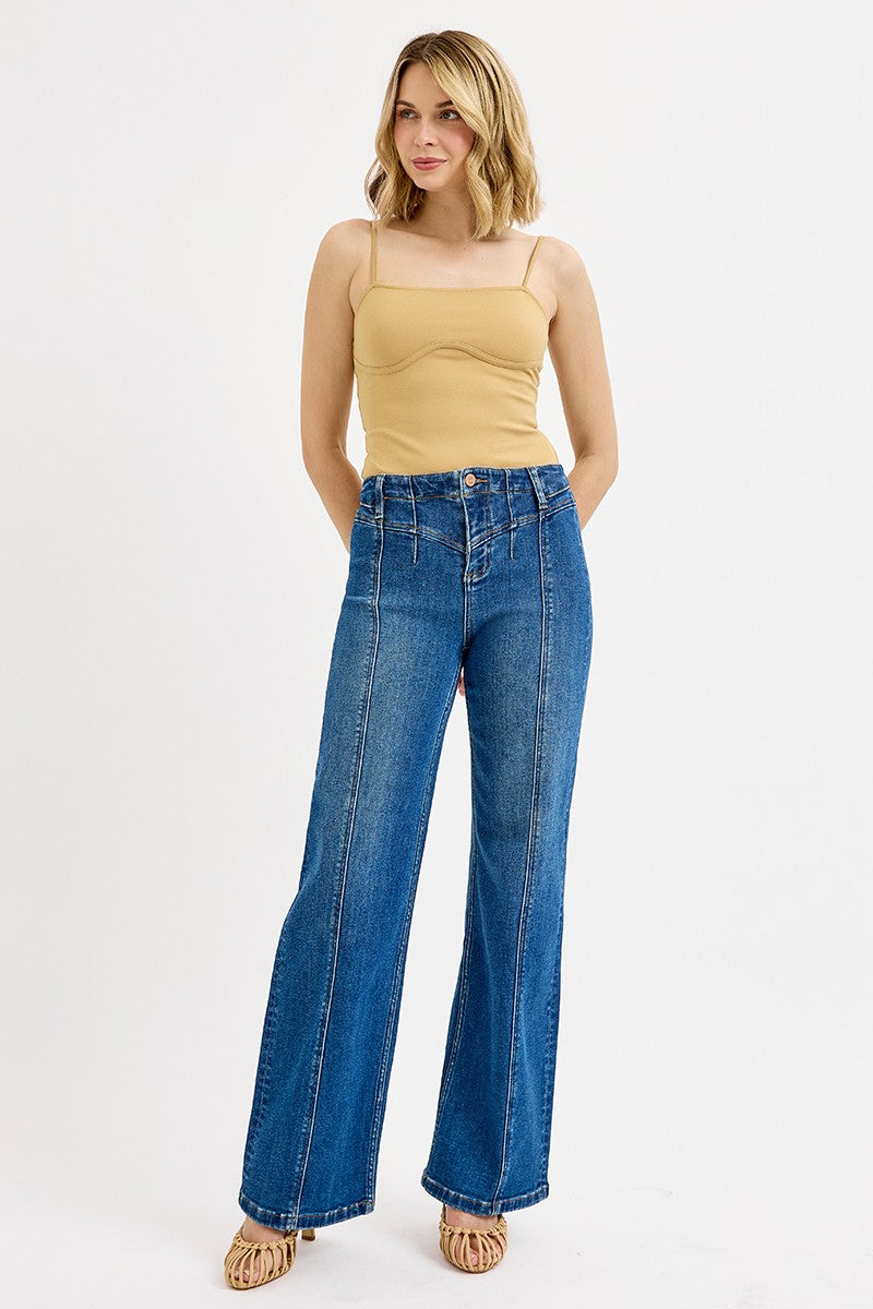 RISEN High Rise Waist Front Yoke Detail Zip Fly Dark Washed Wide Leg Denim Jeans