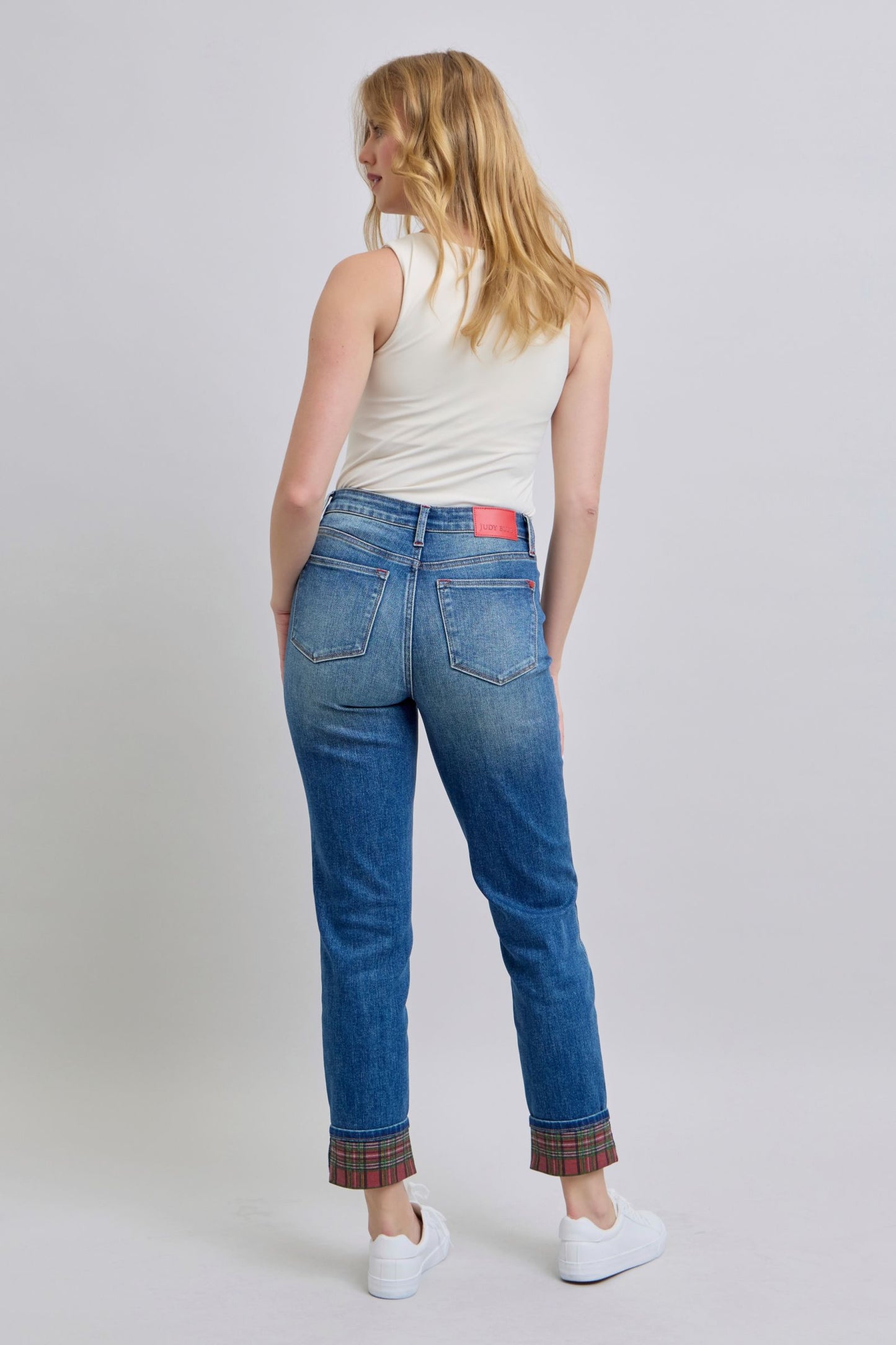 Judy Blue High Waist Plaid Print Cuffed Medium Washed Straight Leg Denim Jeans