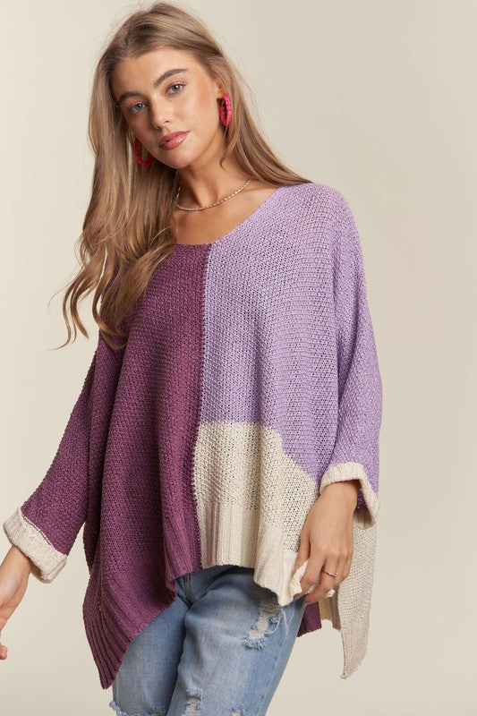 ADORA Side Slit Color Block Long Sleeves V-Neck Lightweight Sweater | Purple