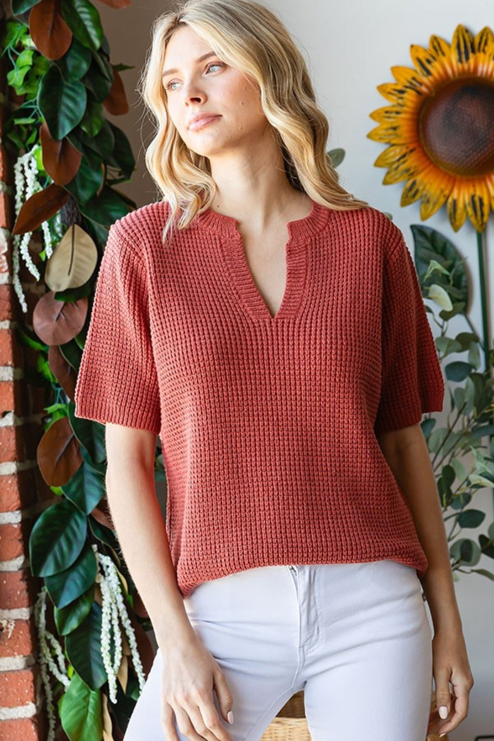 First Love Notched Neckline Short Sleeves Relaxed Fit Knit Sweater | Rust
