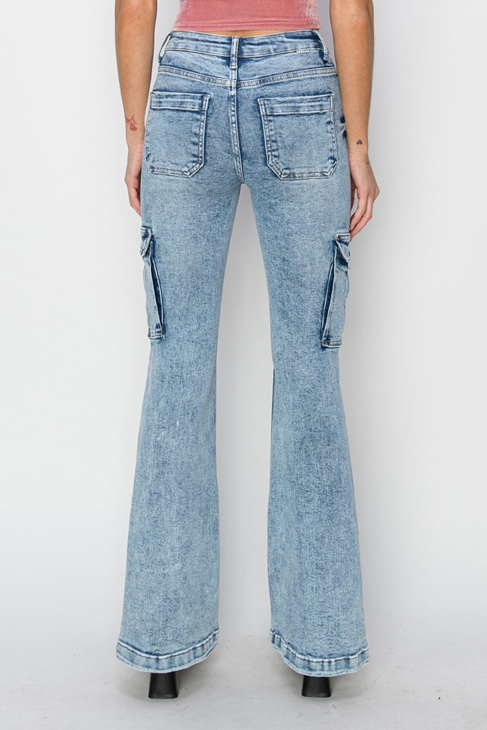 RISEN High Rise Cargo Pockets Zipper Fly Acid Medium Flare Denim Jeans