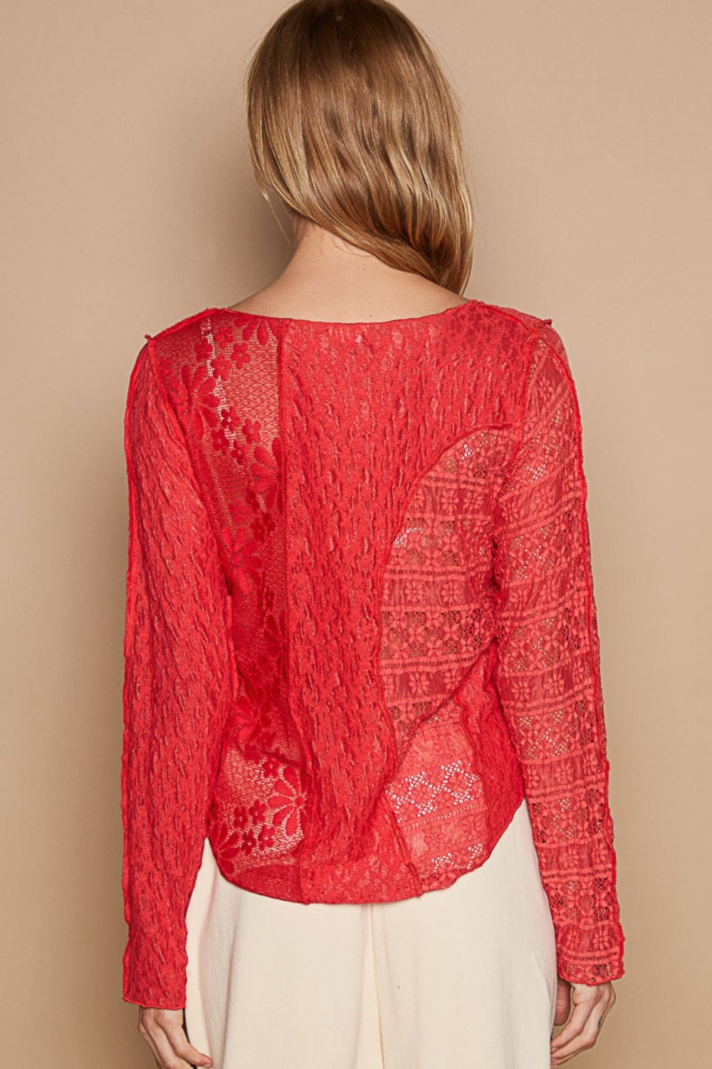 POL Exposed Seam Long Sleeves Boat Neck Floral Lace Knit Top | Real Red