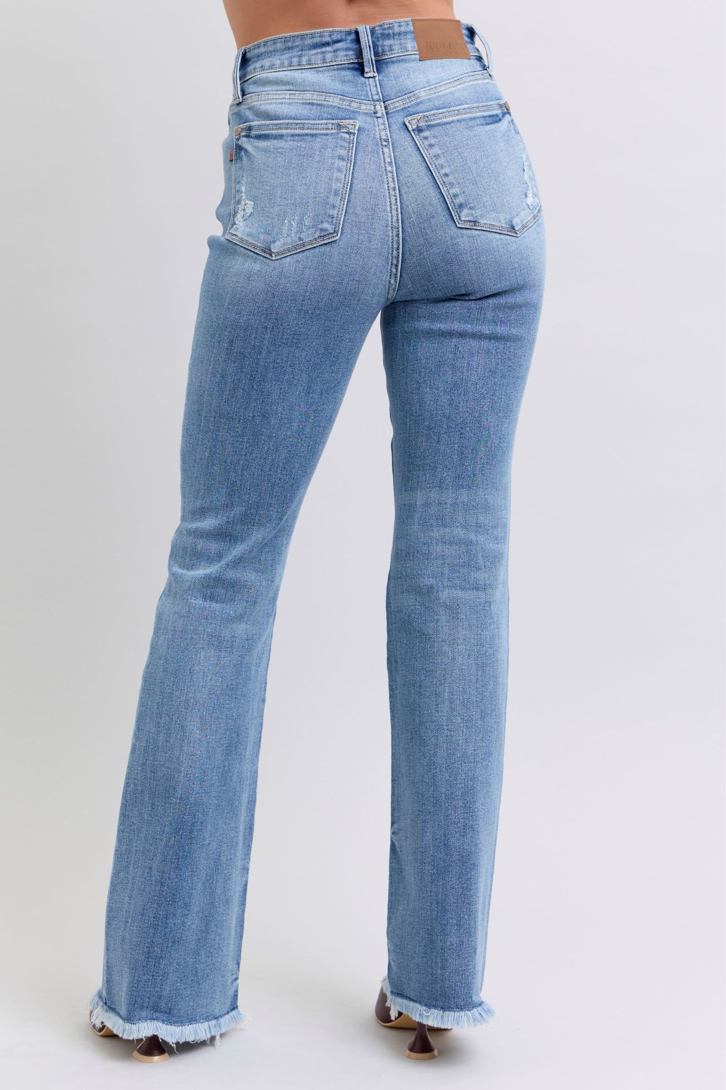Judy Blue Raw Hem Detail High Rise Zipper Fly Medium Washed Bootcut Denim Jeans