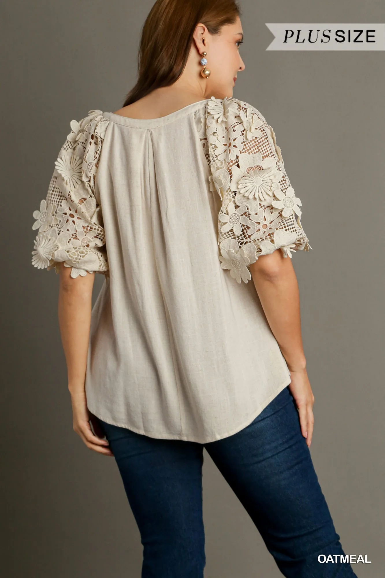 Umgee Linen Boxy Cut Split Neck 3D Floral Sleeves Relaxed Fit Blouse | Oatmeal