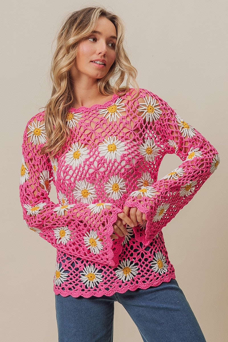 BiBi Floral Crochet Net Lace Round Neck Long Sleeves Cover Up Top | Fuchsia