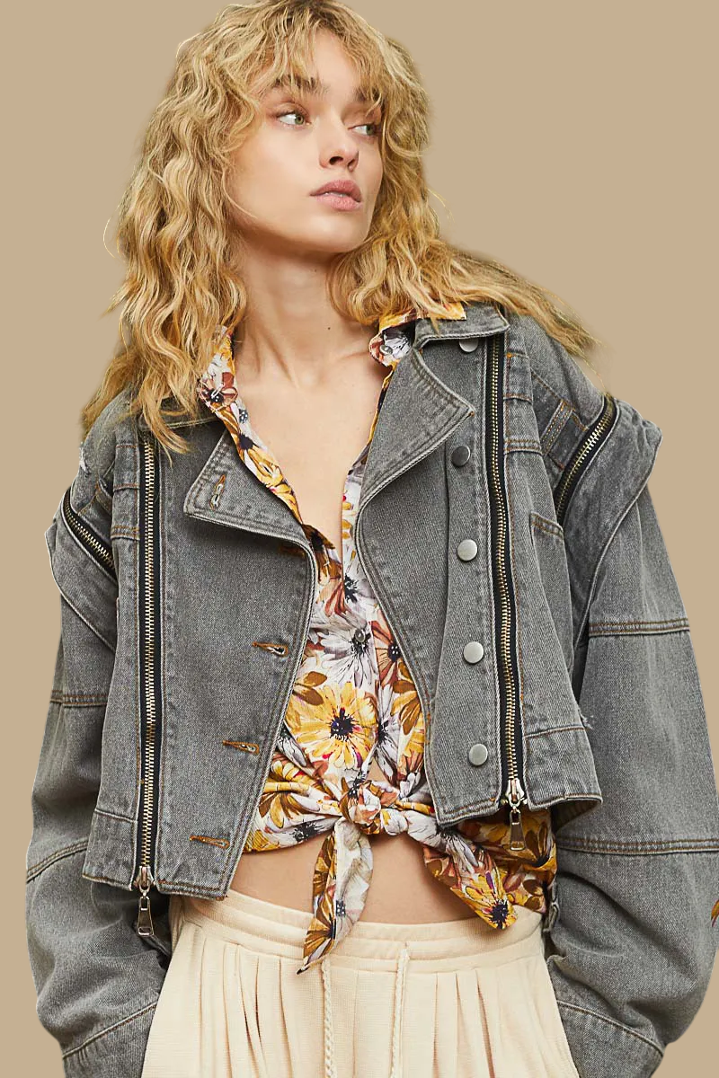 POL Removable Sleeves Multiple Zipper Details Cropped Denim Jacket | Dark Grey