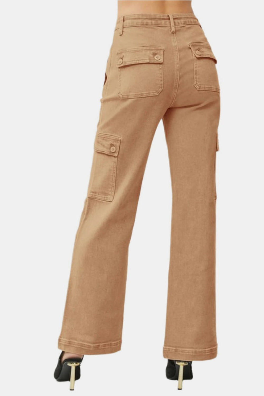 RISEN High Rise Cargo Pockets Zipper Fly Stretchy Wide Leg Denim Jeans | Cocoa